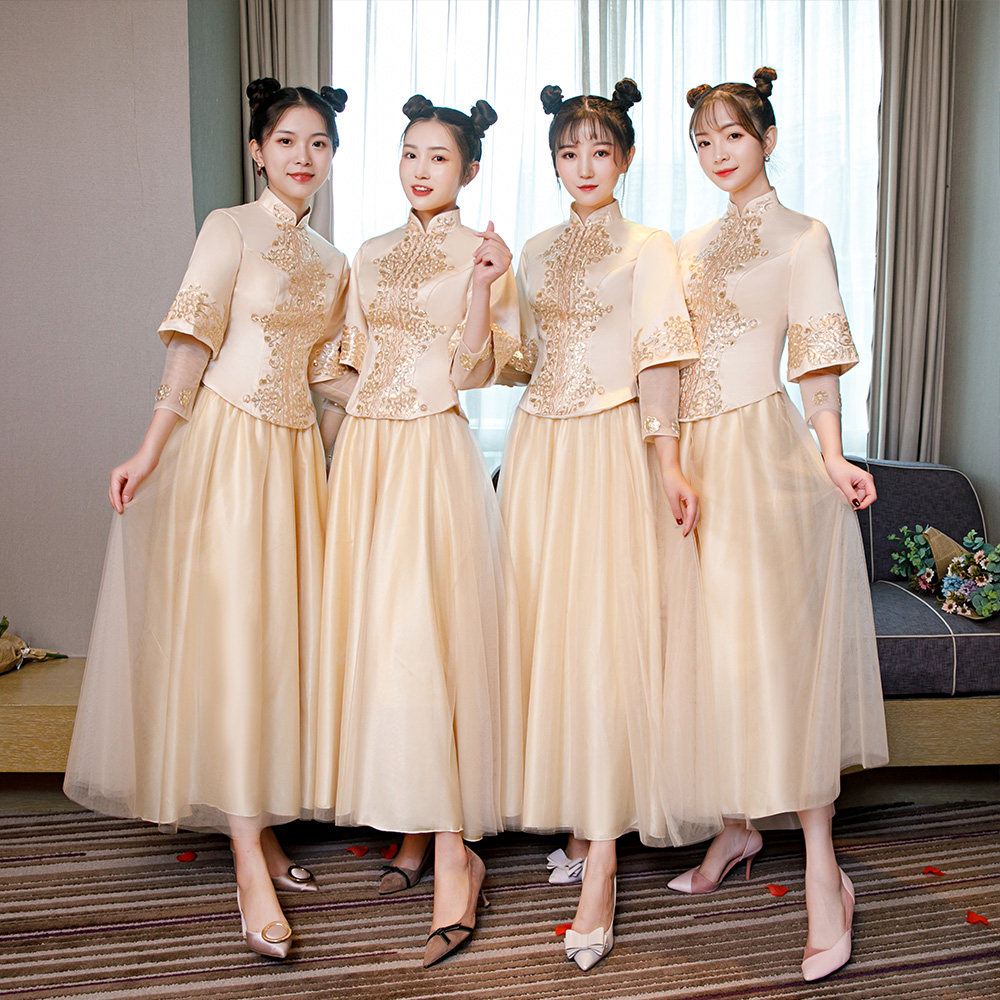 伴娘服姐妹裙2022春夏新款长袖大码中式秀禾中国风唐装金色礼服女