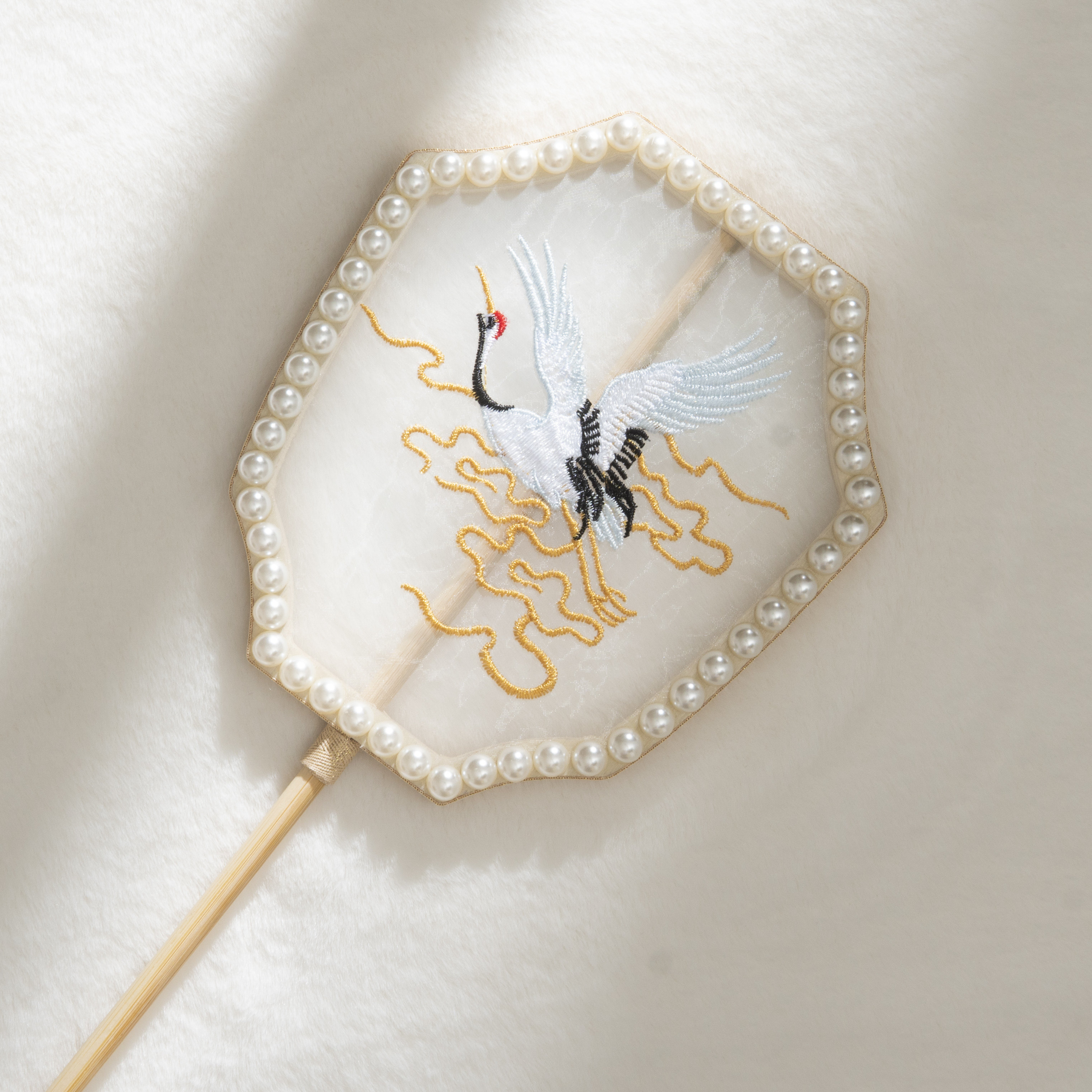 茗楠之家儿童汉服扇子团扇刺绣手工珍珠长柄扇子