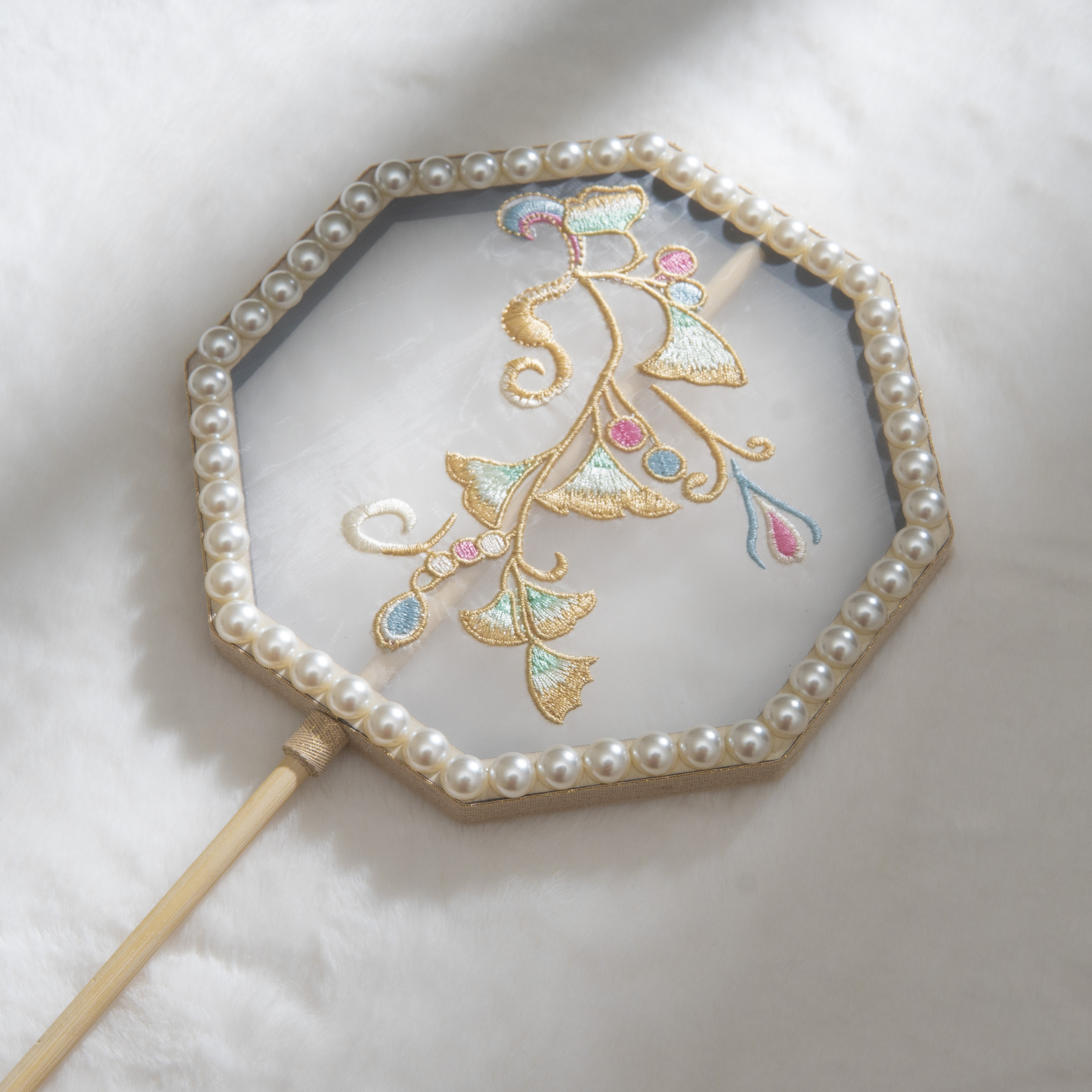 茗楠之家儿童汉服扇子团扇刺绣手工珍珠长柄扇子