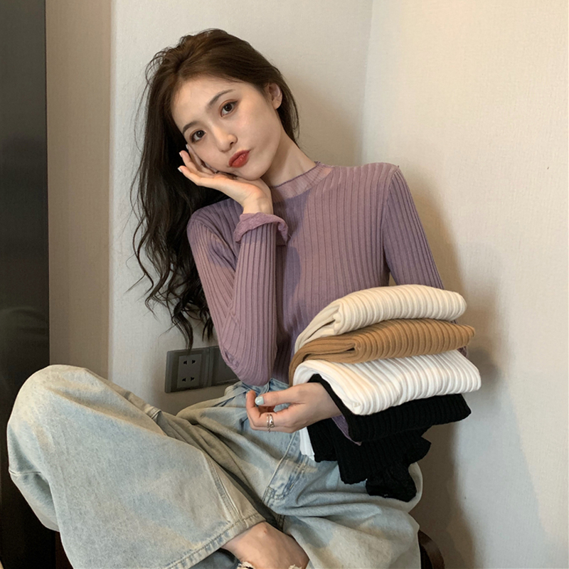 春秋冬性感显瘦网纱拼接毛衣半高领打底洋气蕾丝针织衫气质上衣女