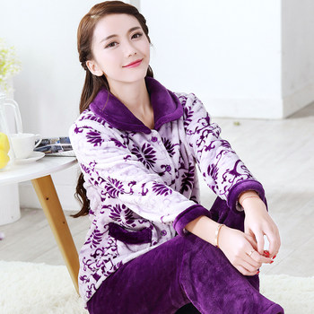 Off-season promotion thickened flannel women's pure cotton pajamas spring, autumn and winter cute coral velvet suit home wear large size