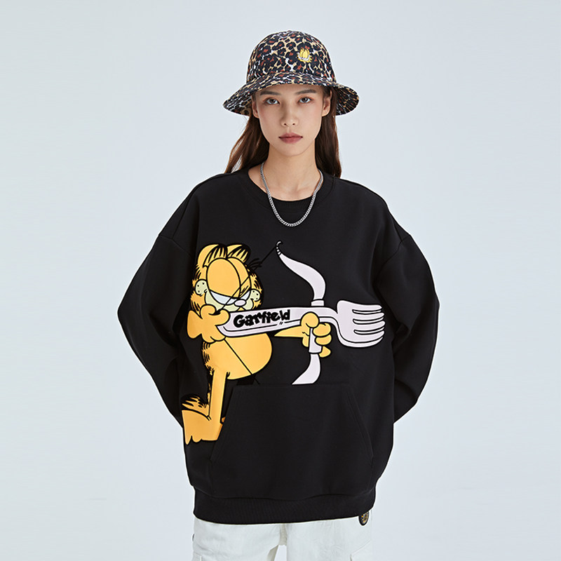 fun2021潮牌秋冬加菲猫联名卡通休闲宽松百搭黑色套头卫衣女款