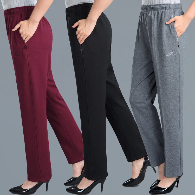 纯棉中老年女裤子春秋厚款大码宽松紧腰妈妈装直筒运动休闲长卫裤