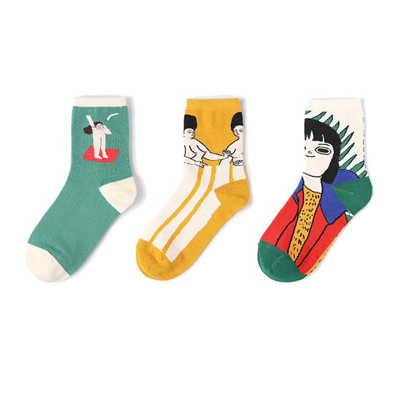 袜子文艺女中筒袜咪咪纯棉卡通插画居家短袜中筒袜