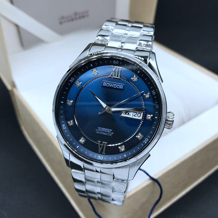 宝舵正品手表钢带日历全自动机械表蓝色透底男表国产腕表