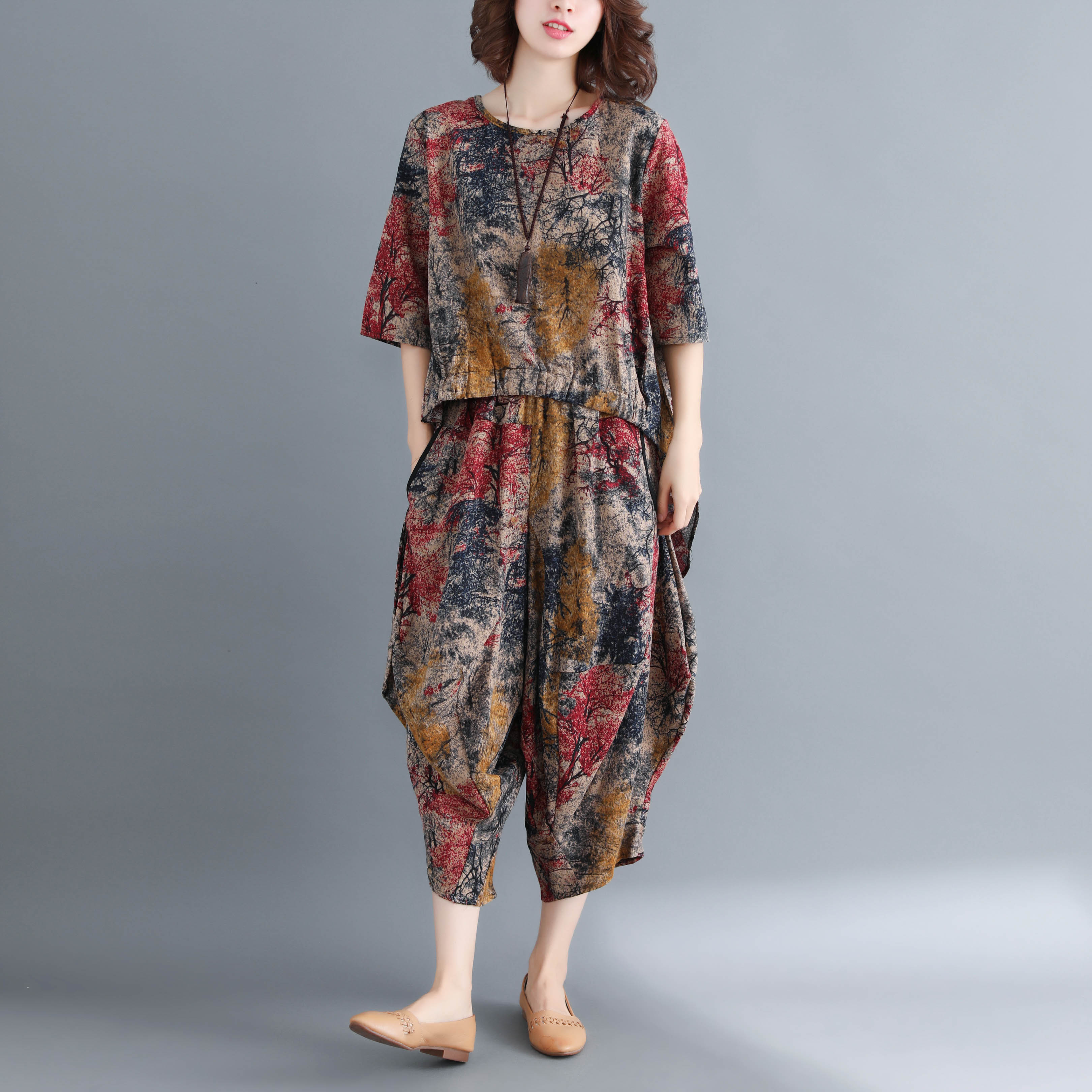 大码棉麻女装民族风套装胖mm宽松印花亚麻复古五分袖阔腿裤两件套