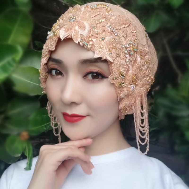 迪拜头巾穆斯纱巾新款蕾丝包头帽子头套盖头围巾