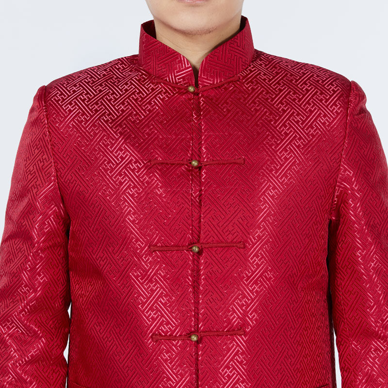 先派中国国风铜扣休闲织锦红色唐装立领男装民族服装