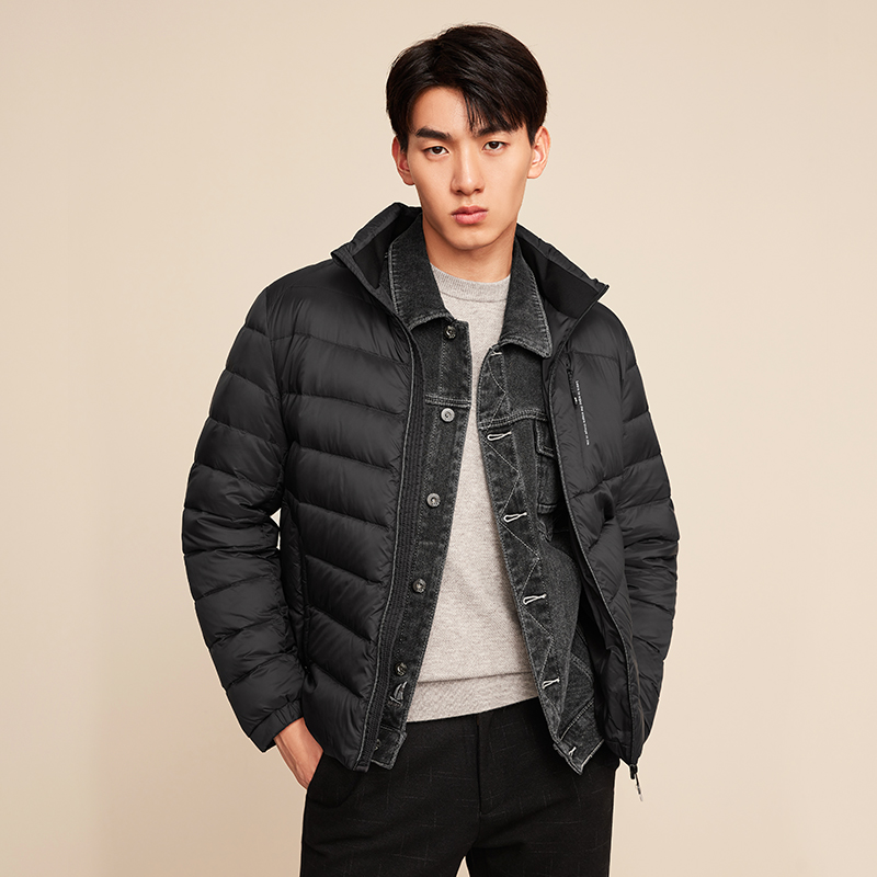 hla/海澜之家黑色立领轻薄运动休闲羽绒服保暖商务外套男装秋冬季 –