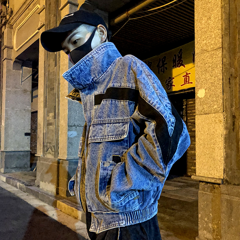 秋装嬉皮复古水洗牛仔衣高街嘻哈潮牌bf风立领宽松外套男拼色夹克