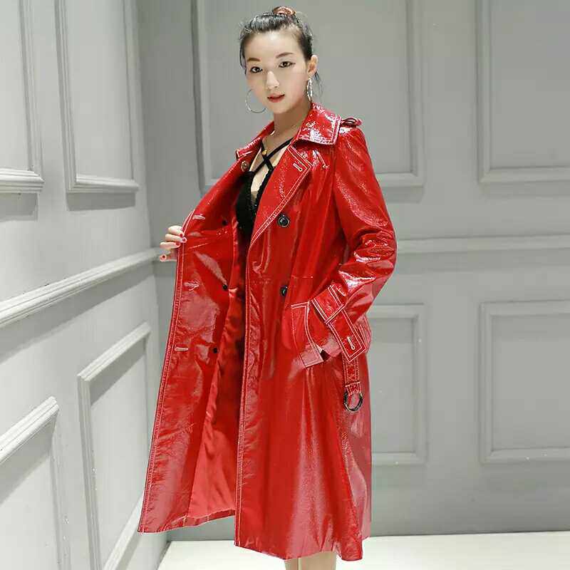 皮衣真皮女士长风风衣漆皮双排大牌款真风衣