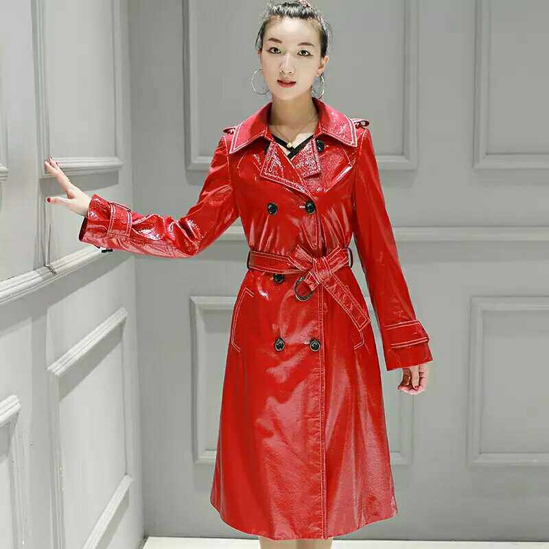 皮衣真皮女士长风风衣漆皮双排大牌款真风衣