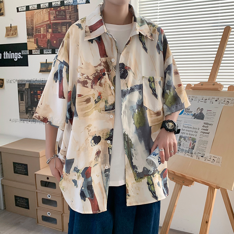 夏季中国风短袖衬衫男复古ins潮牌港风日系小众设计感宽松花上衣