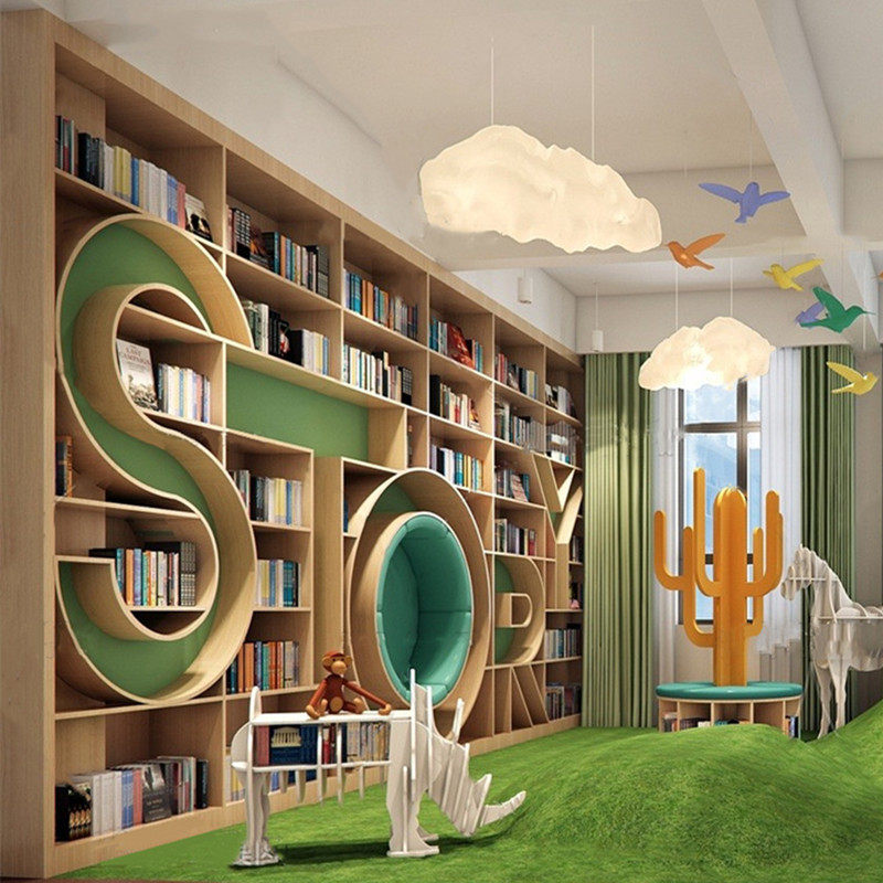 n字母北欧简约书架定制满墙书柜学校图书馆培训早教阅读区绘本架