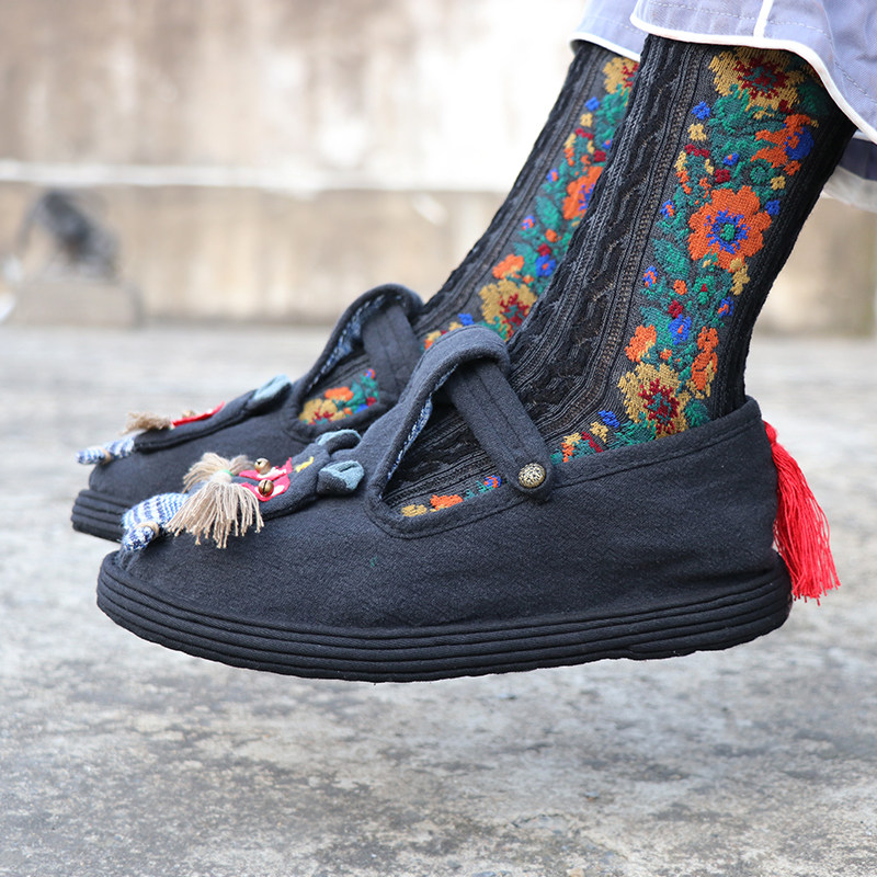 原创虎头女士手工千层布鞋春夏复古圆头丁字布鞋