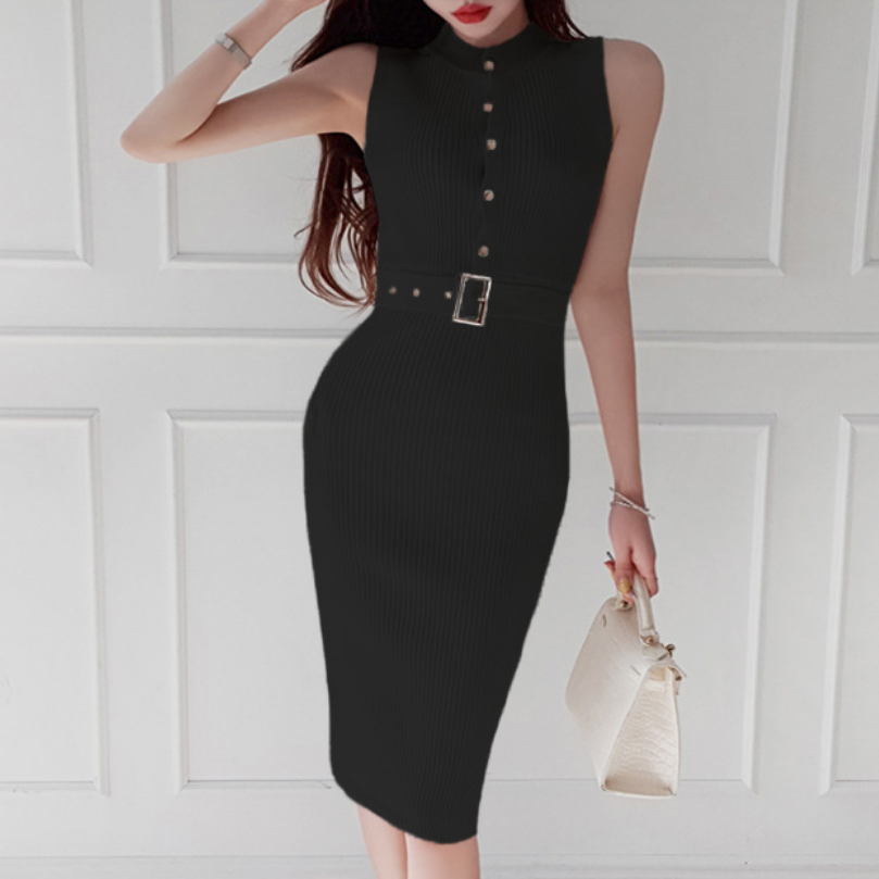 韩国夏季ol熟女针织无袖连衣裙紧身显瘦包中长连衣裙