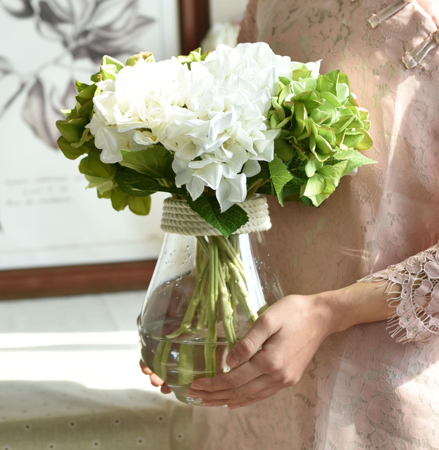 客厅餐桌绣球仿真花艺假花插花套装 家居装饰品透明玻璃花瓶摆件