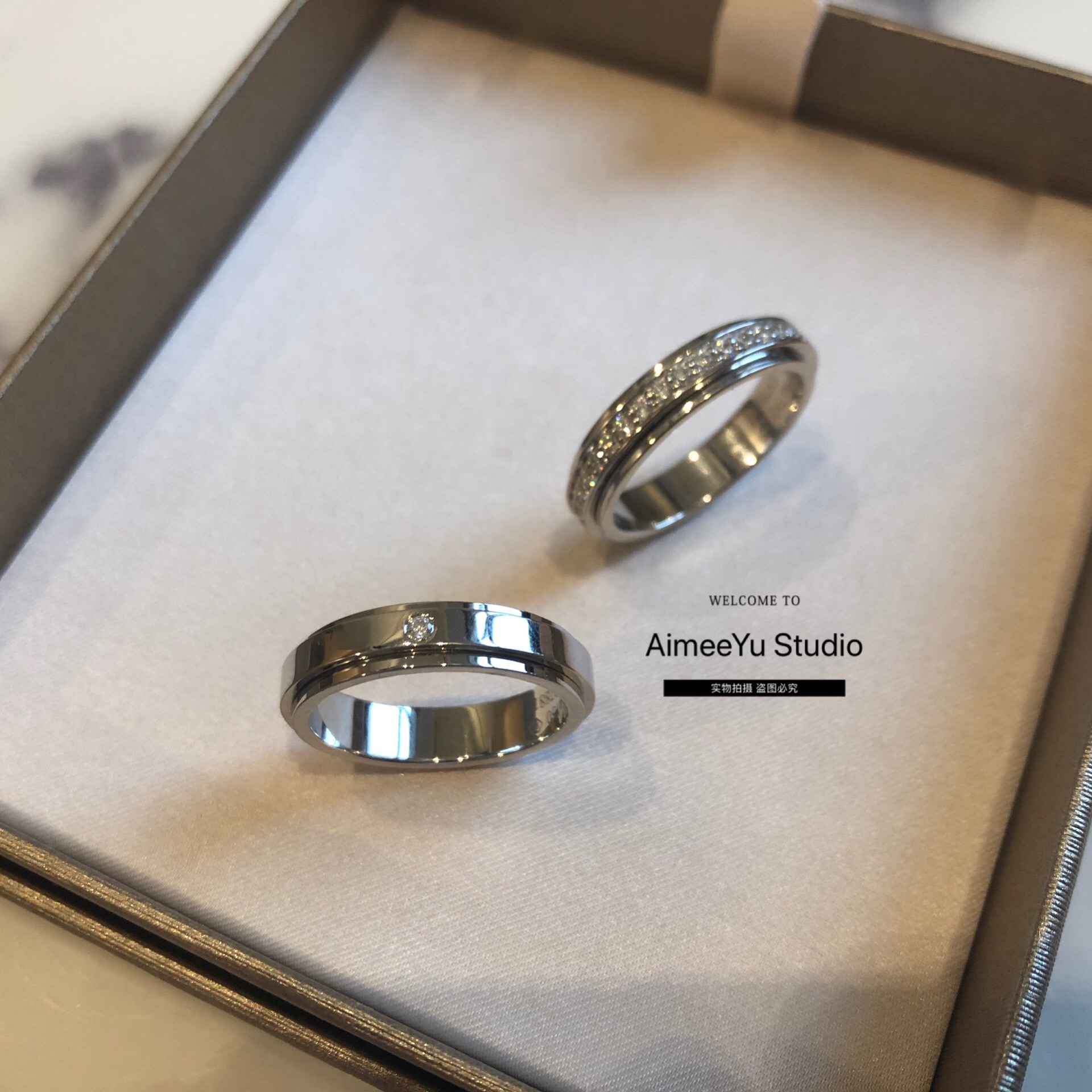 TF39定制925银镀白金转动单钻排钻情侣戒指婚礼对戒指ag内标