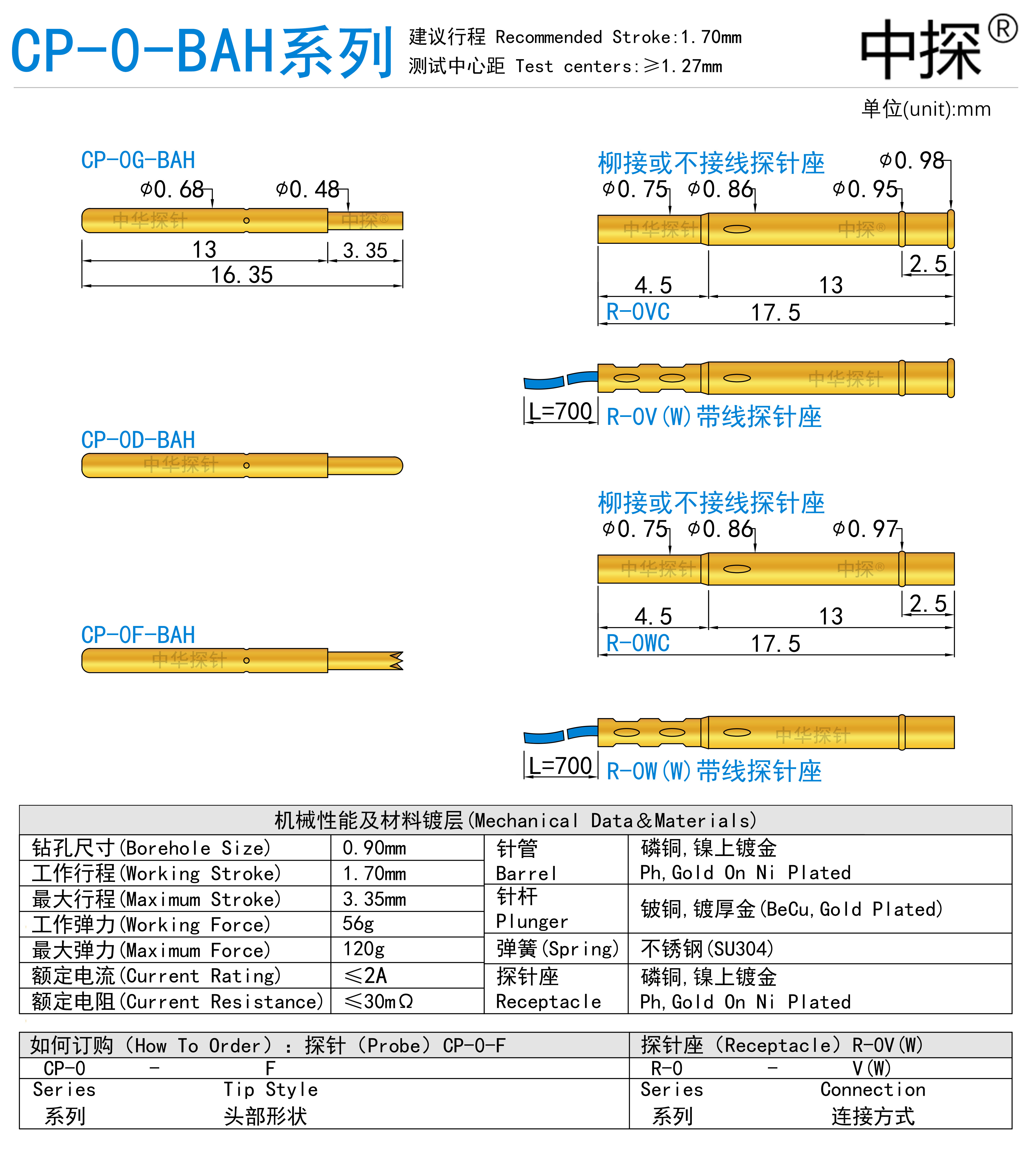 中探 晶体 烧录机 点胶机 低阻抗 测试探针 铍铜厚金 cp-0d0.5-ba