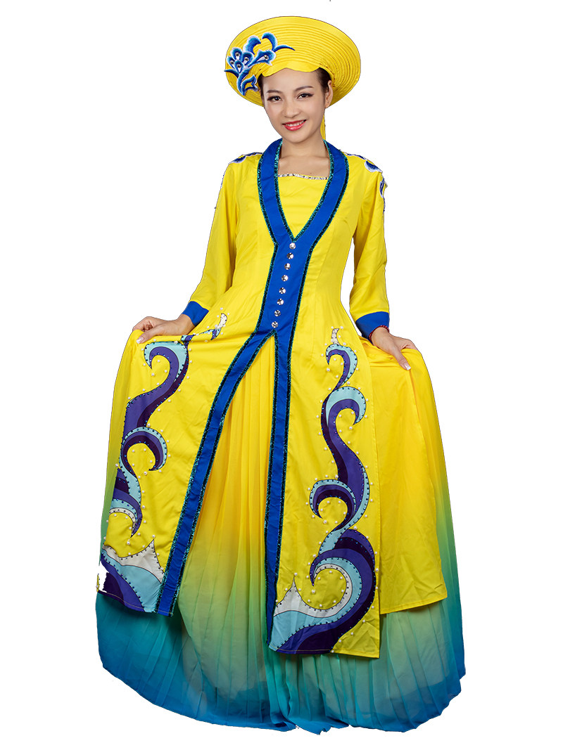 晴焱新民民族风京族哈节服饰舞台盛装民族服饰黄色系民族服装