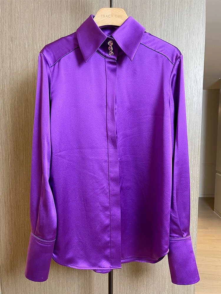 tracychu高定耀紫色复古领型真丝衬衫衬衫