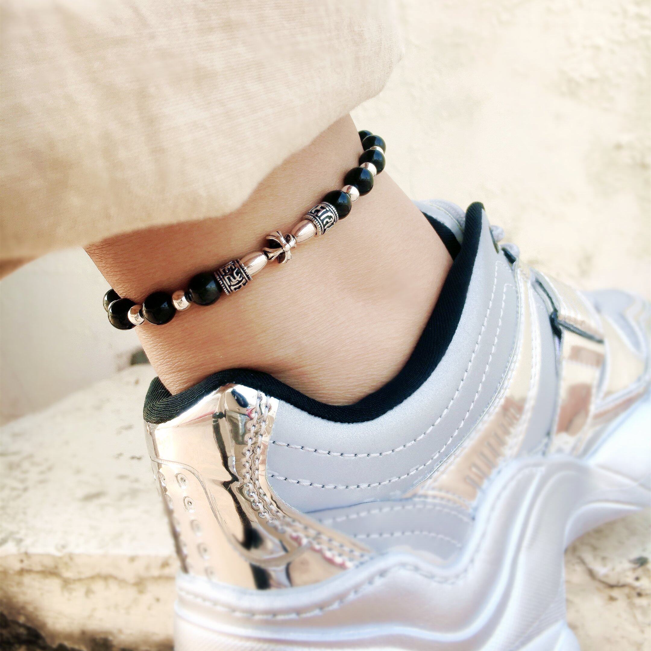 包邮天然曜石纯银脚链男潮情侣一对个性简约脚链