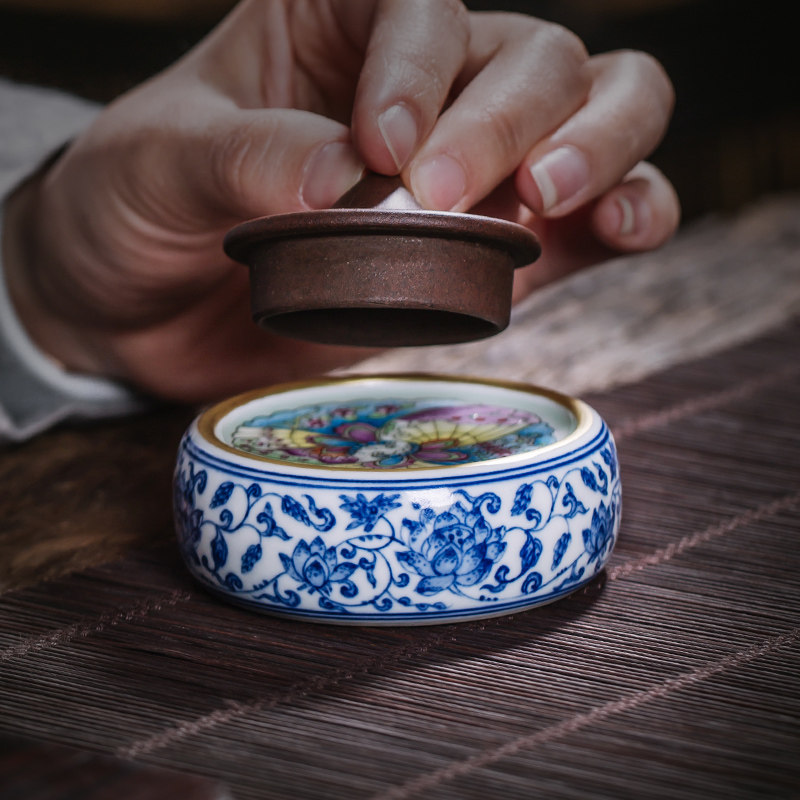 枭窑景德镇茶具手工陶瓷盖置茶壶盖托青花缠枝茶道