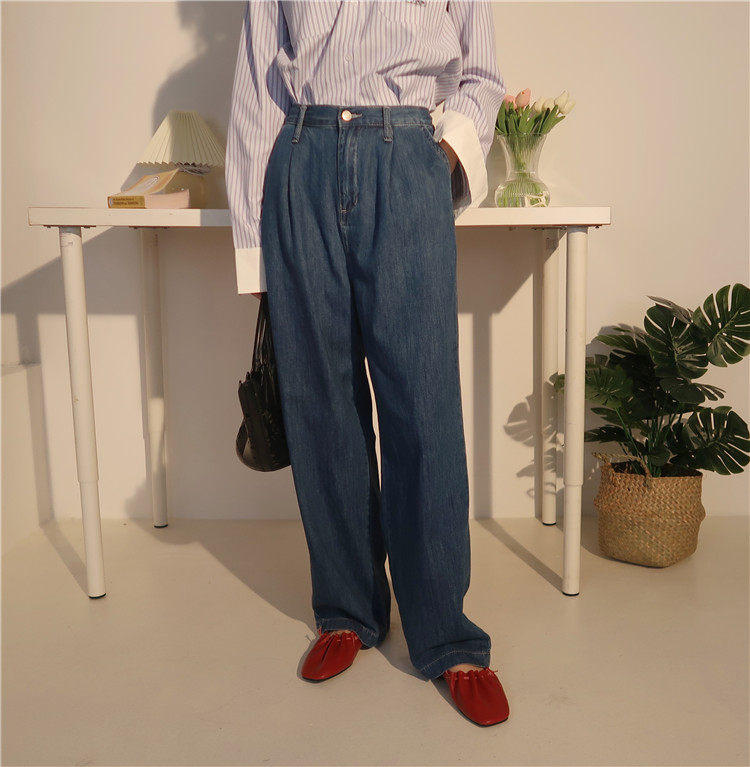 solo2021高腰松紧宽松大码雅风慵懒法式拖地牛仔裤