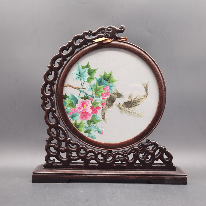 重庆地方特色送人礼物蜀绣双面绣花花鸟龙头鸡翅木刺绣