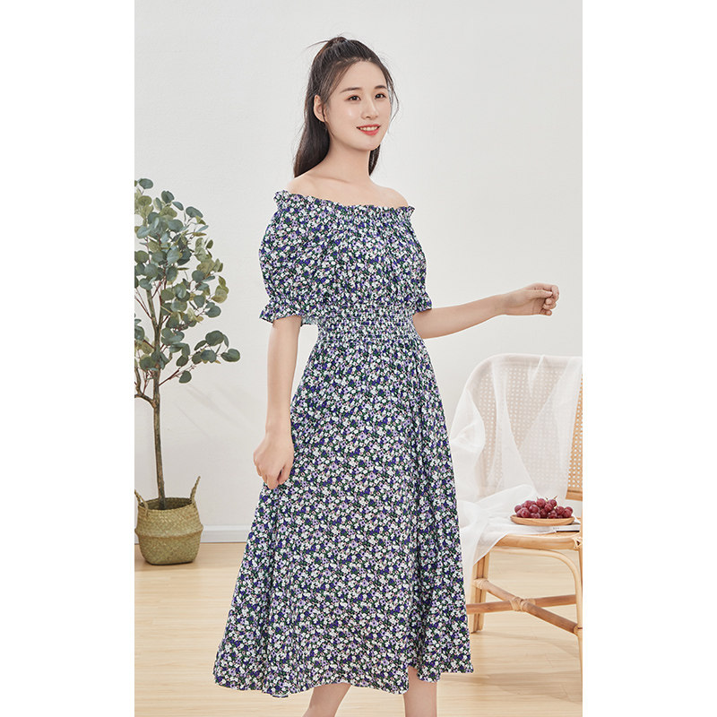 片断露肩一字法式休闲长裙碎花中长收腰夏季连衣裙