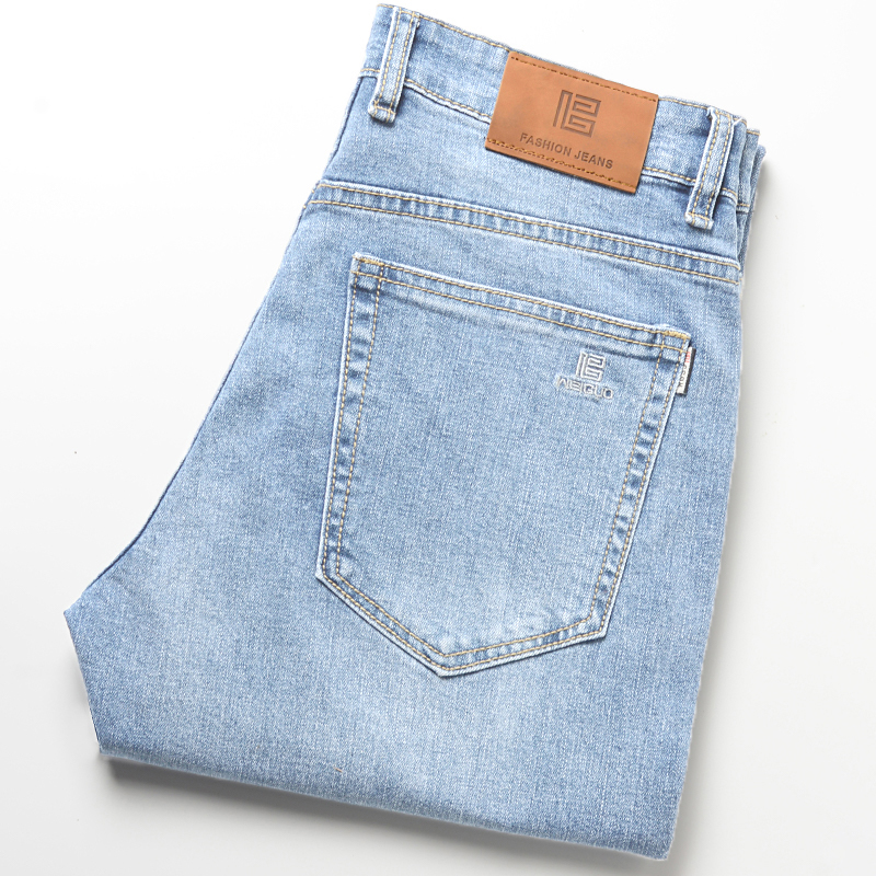 出口外贸原单九分牛仔裤男春夏品牌余单剪标尾货浅蓝透气直筒裤子