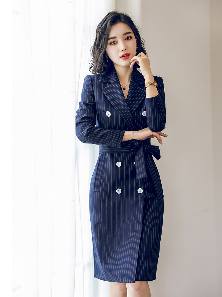 angelclo新款ol职业装女装名媛气质西装条纹连衣裙