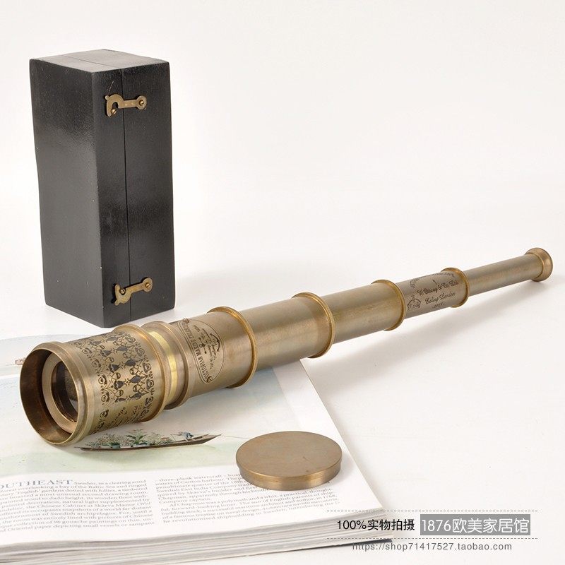 印度进口黄铜纯铜手工单筒伸缩望远镜样板复古摆件