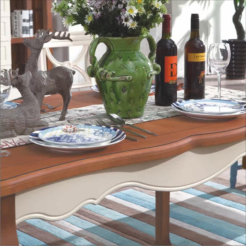 橘子郡港家具地中海餐桌美式实木长餐桌田园餐台餐椅饭桌子蓝白色