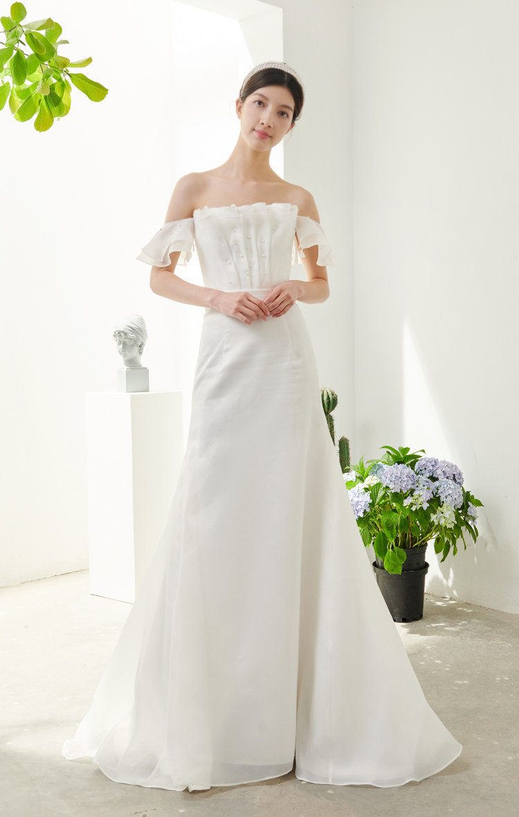 设计师原创实拍一字欧根简约优雅新娘鱼尾婚纱婚纱