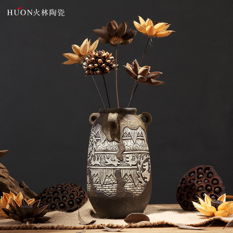 复古花瓶土陶罐花盆干花插花禅意陶瓷花器粗陶古朴摆件
