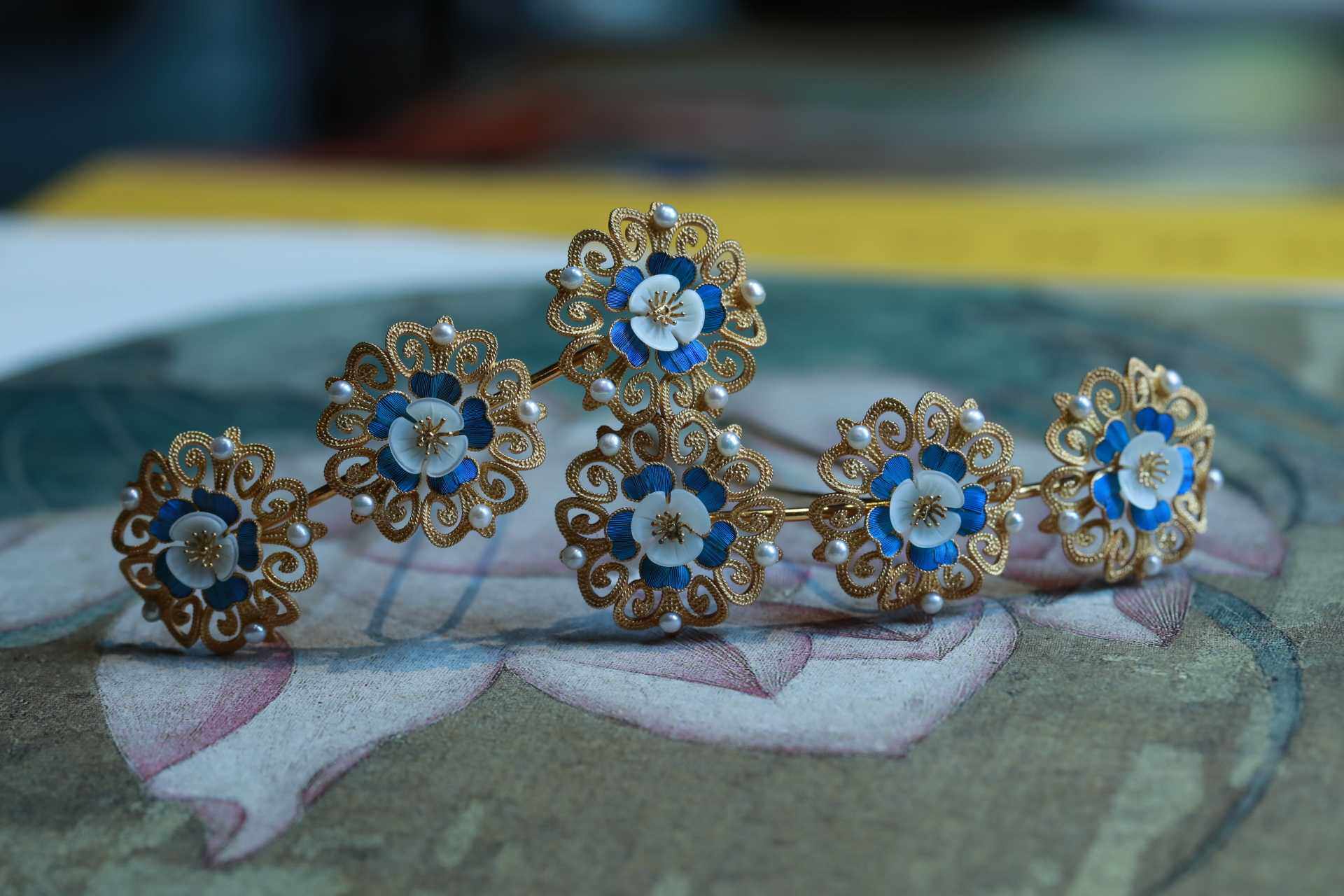 狄髻钿儿发簪排簪花钿古法纯银镀金古风发饰发饰