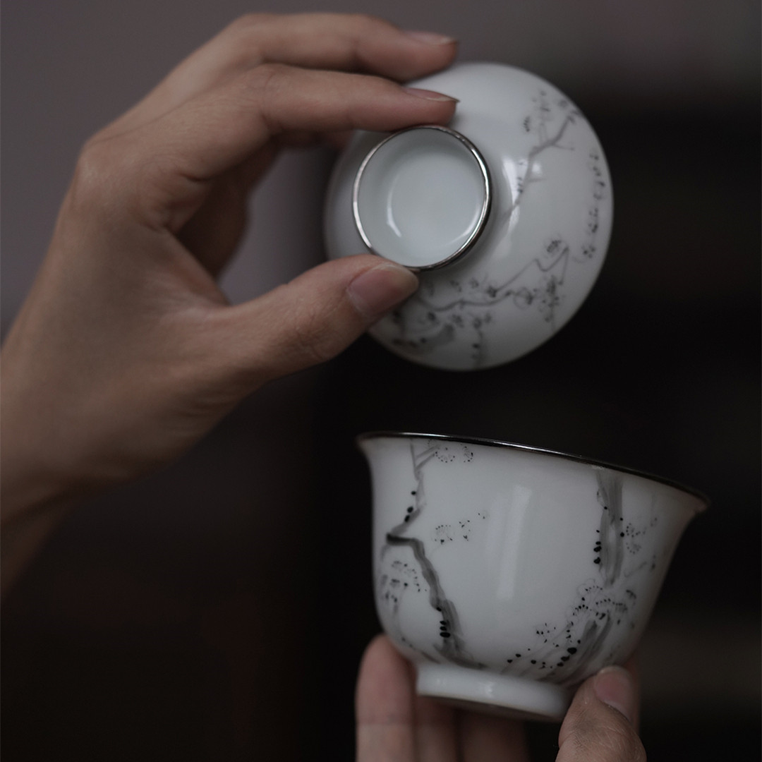 包银诗文古风复古茶杯盖碗茶盖碗口盖梅花墨痕盖碗