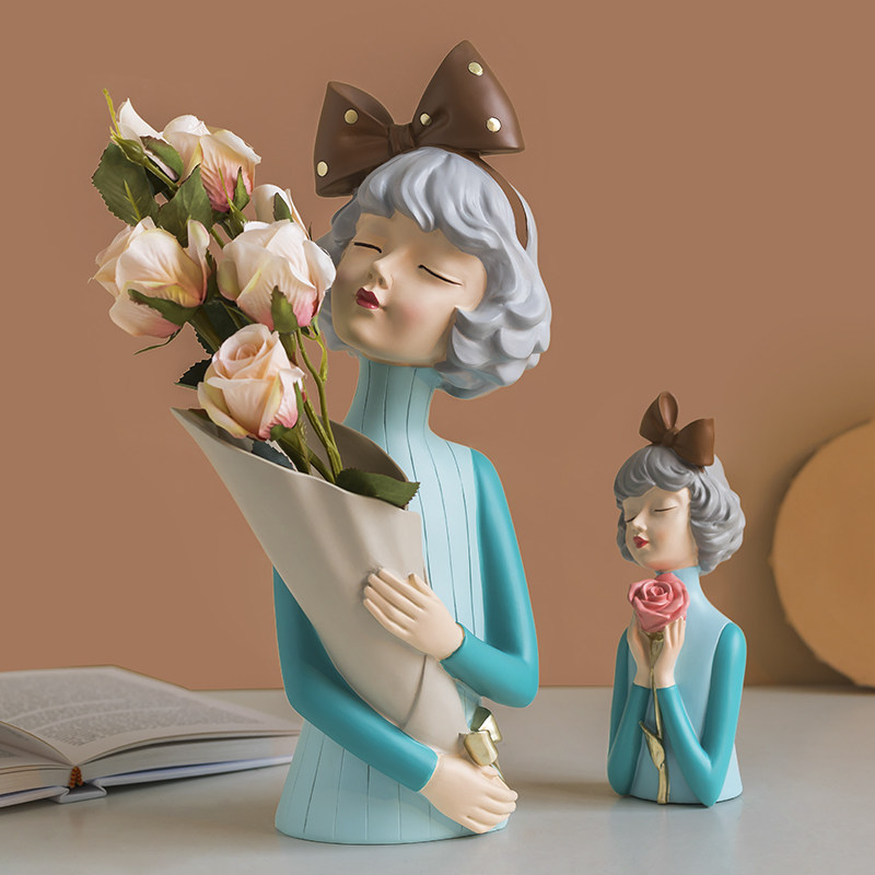 北欧轻奢蝴蝶结女孩摆件客厅桌面干花收纳装饰品摆件