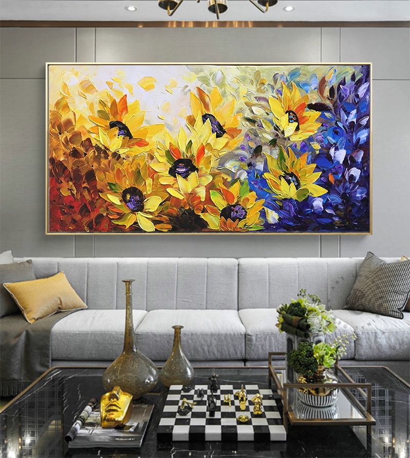 向日葵手绘油画现代轻奢客厅餐厅装饰画卧室床头油画