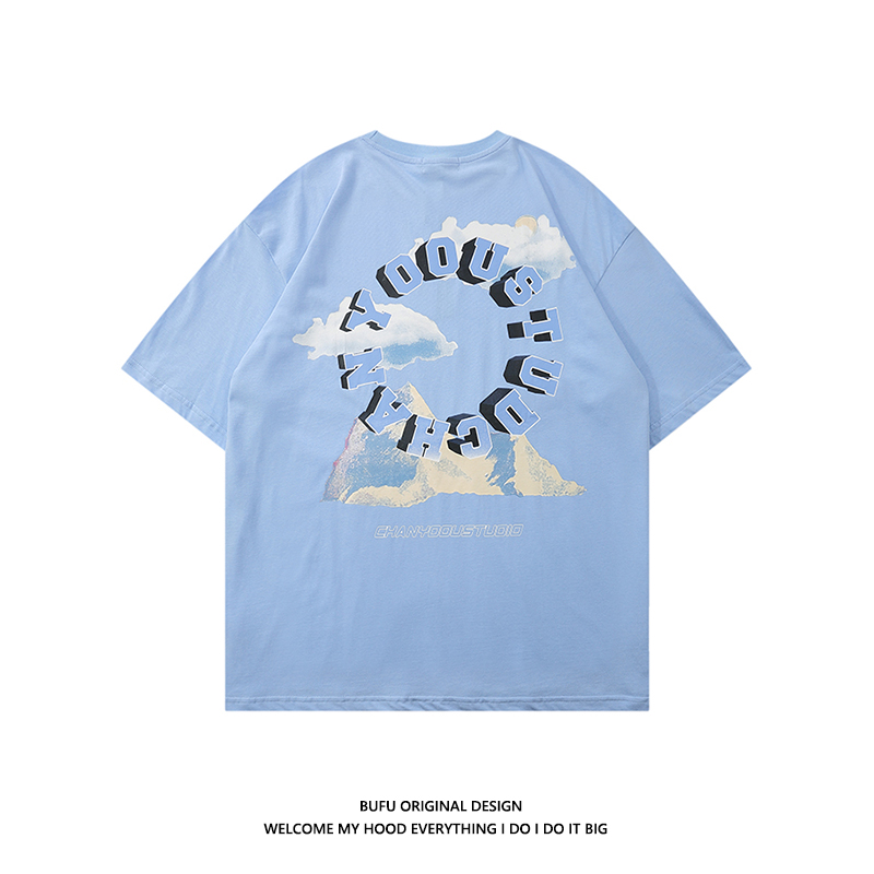 亿万少年国潮牌嘻哈vibe风山脉印花短袖T恤男女情侣oversized潮流