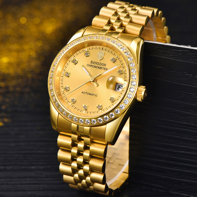正品名牌手表 男士18k金色金表全自动机械表男表透底防水手表