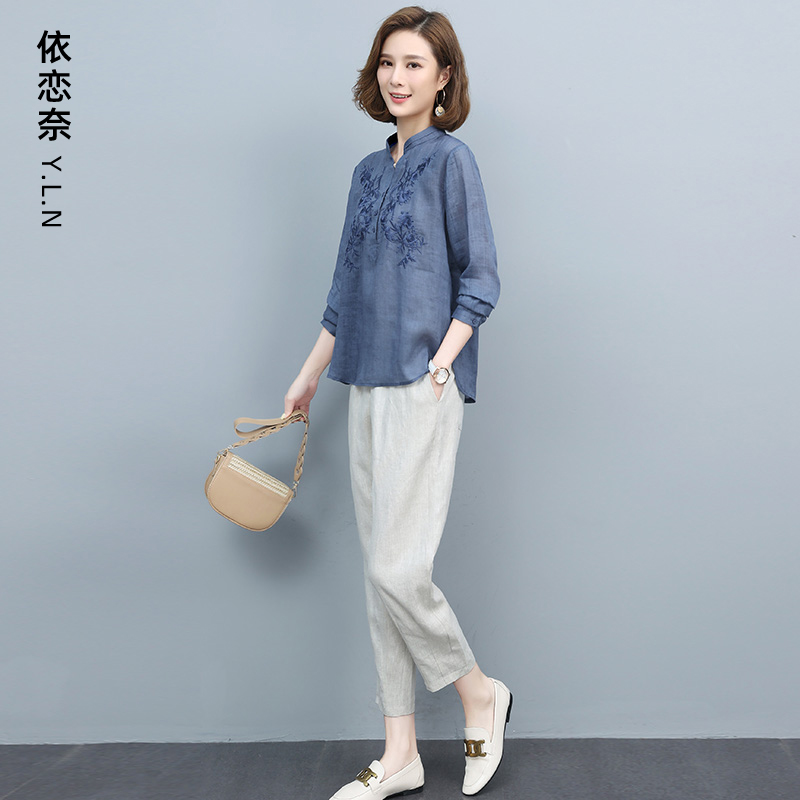棉麻套装女2023春夏季新款亚麻两件套休闲时尚高端苎麻上衣妈妈装