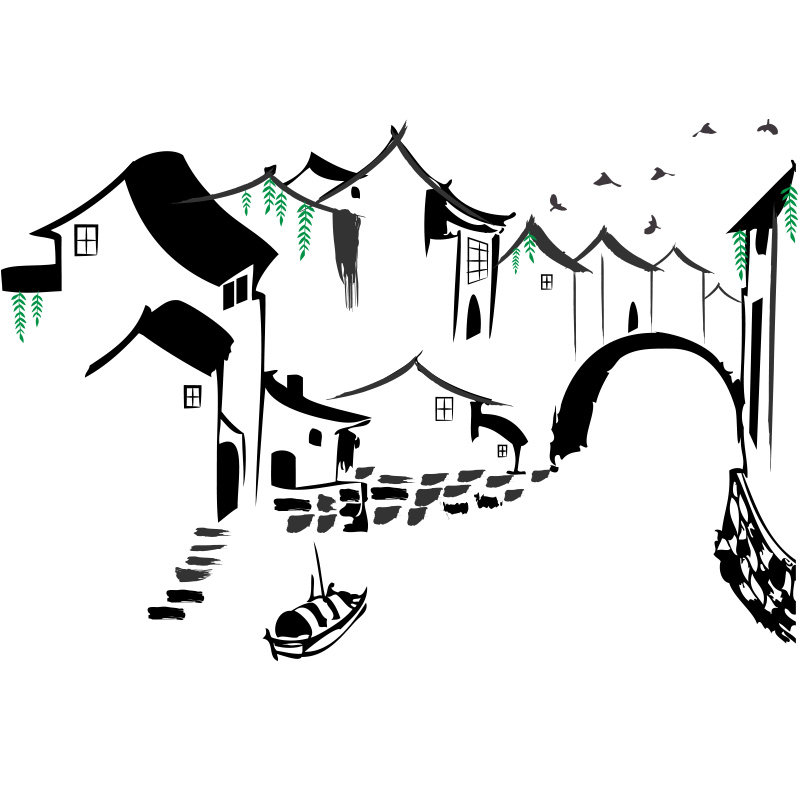 江南水乡水墨水墨画画艺术镂空贴纸中国民族民族风风景墙贴