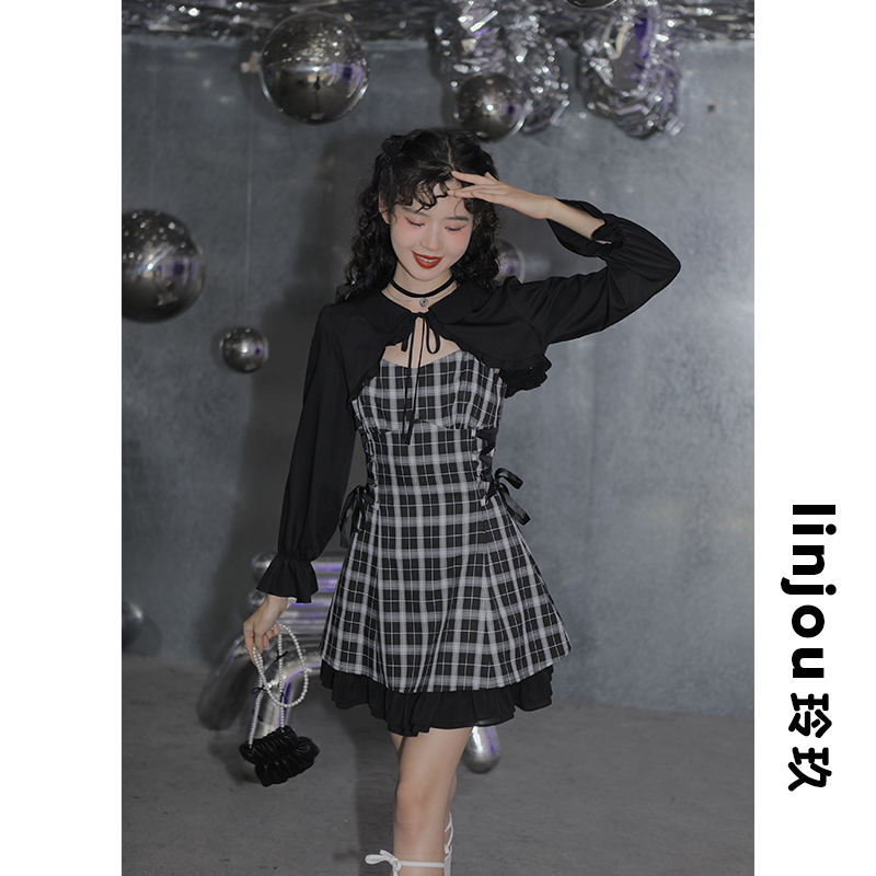linjou玲玖春秋新款甜美开衫套装黑白格子吊带连衣裙两件套女裙子