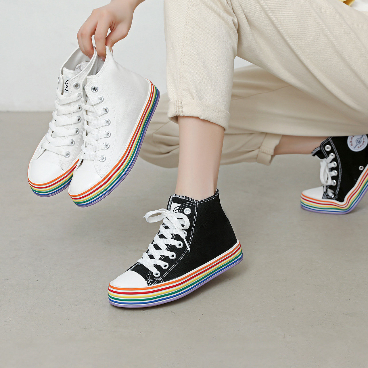 百搭人本小众新小众2021ins彩虹休闲网红女网帆布鞋