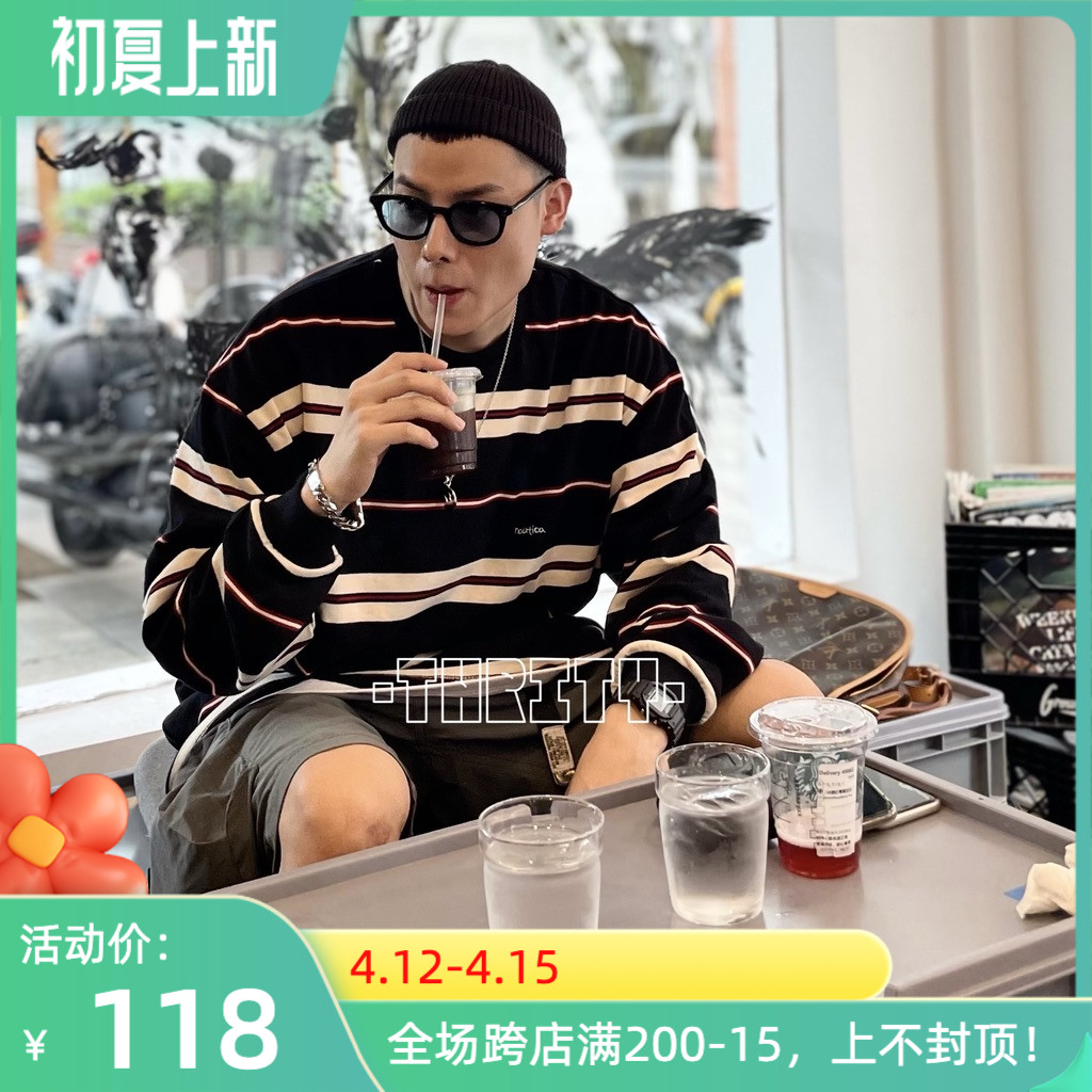 日系重磅320G余文乐宽松长谷川刺绣条纹短袖长袖卫衣cityboy风T恤