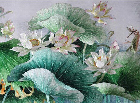 汴绣大厅客厅装饰画 爱莲说 荷花 手工刺绣 圣诞送老外礼物