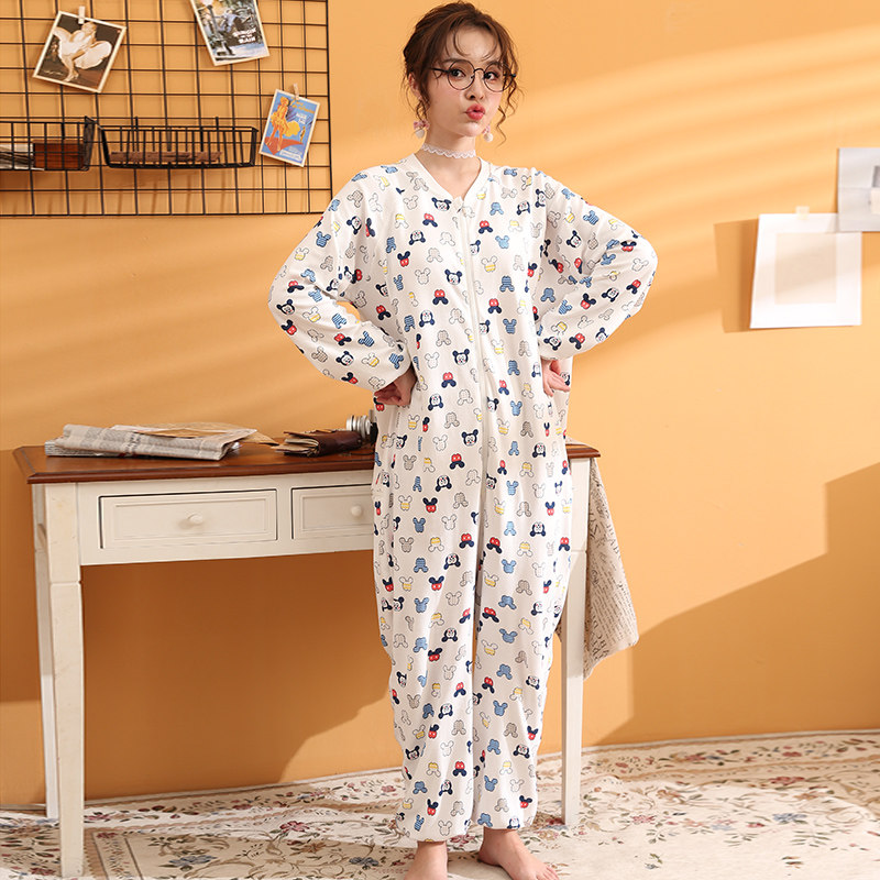 定制睡衣春秋女士连体衣连衣睡裤纯棉护腰家居服睡衣