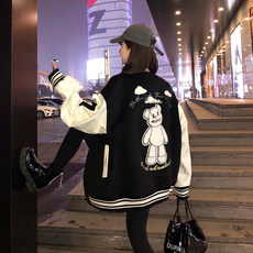 小熊棒球服女春秋ins潮美式街头外套宽松上衣bf时尚休闲拼皮夹克 小熊棒球服女春秋ins潮美式街头外套宽松上衣bf时尚休闲拼皮夹克